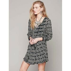 NEW $128 Free People Marlow Print Pintuck Pleat Shift Dress BLACK X-Small XS